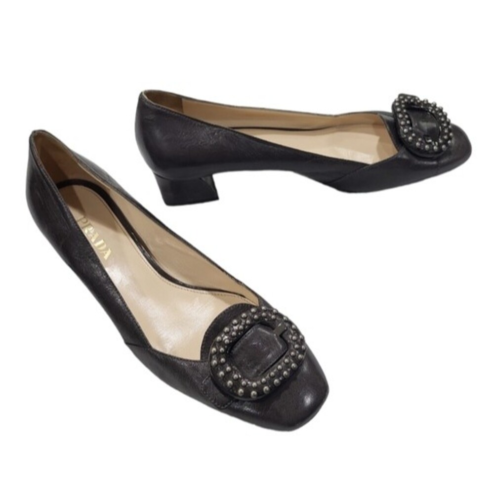 EUC Authentic Prada Vit Shine Brown Leather Pumps Buckle Studs, 8/39